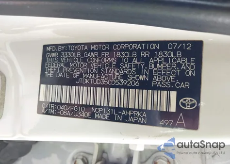2012 Toyota Yaris Le from USA, damaged, VIN JTDKTUD35CD539206